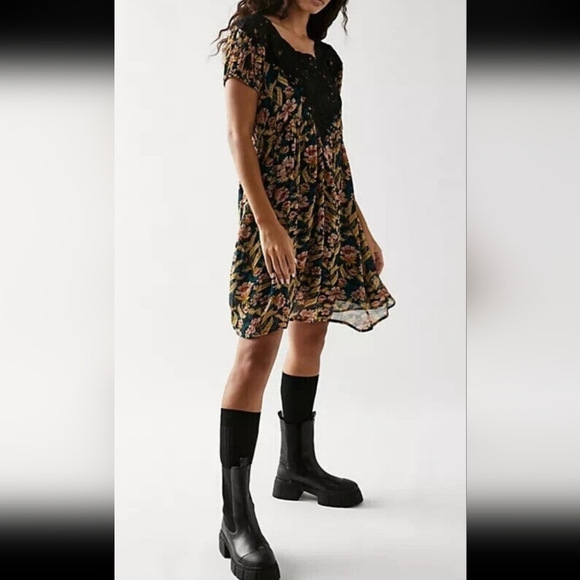 Free People Margot Printed Dress Floral Puff Sleeve Scoop Neck Medium M - Picture 2 of 6